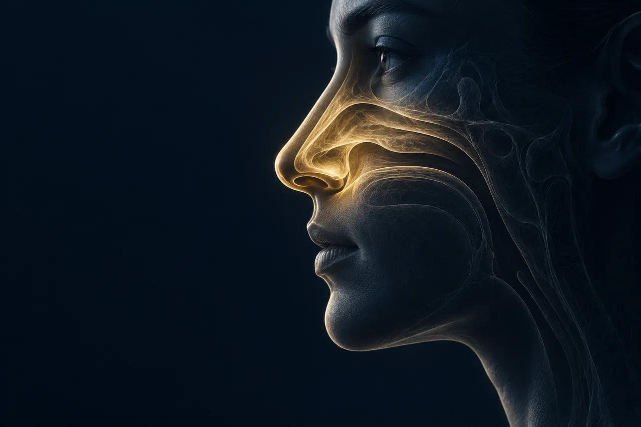 Illustrative side profile with the nasal passage highlighted in gold